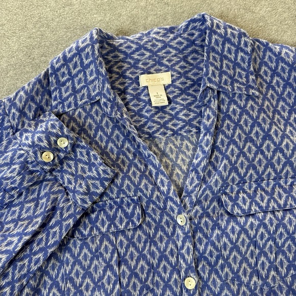 Chico's Tops - Chicos Women Blue White Ikat Button Front Utility Shirt Sz 1 Medium Cotton